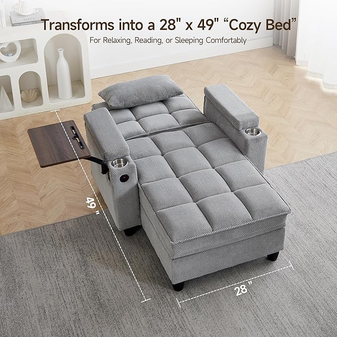 41.7" Chaise Lounge Chair Indoor, Oversized Boucle Upholstered Sofa Bed, Adjustable Backrest Deep Seat Reading Chair, Sofas Couches for Living Room with Storage, Cup Holders & 360° Swivel Side Table