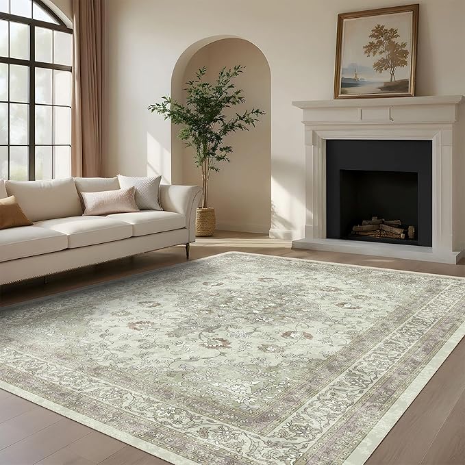 vivorug Sage Green 5x7 Area Rugs - Ultra-Thin Washable Rug with Non-Slip Backing, Ideal for Living Room, Bedroom, Kitchen Floor Carpet - Vintage Floral, Easy Clean, Durable, Low Pile