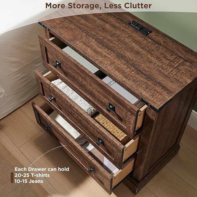 T4TREAM 32" Farmhouse Nightstand with Charging Station, Large End Table with 3 Storage Drawers, Rustic Wood Bedside Table for Bedroom, Living Room, Reclaimed Barnwood Color