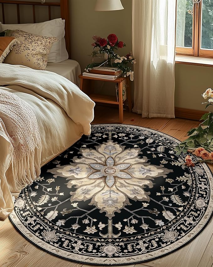 Area Rugs 5ft Washable Non-Slip, Floral Vintage Distress Print Pattern Medallion Carpet for Living Room Bedroom Dining Room, Black Brown Neutral Dark Tan