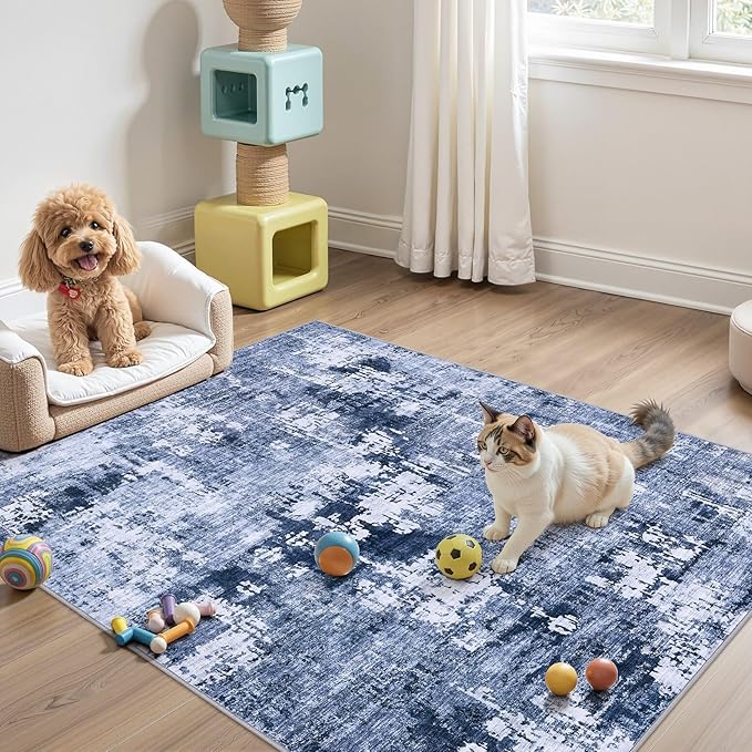 Area Rug Living Room Rugs - 4x6 Abstract Large Soft Indoor Washable Rug Neutral Modern Low Pile Carpet for Bedroom Dining Room Farmhouse Home Office - Navy Blue