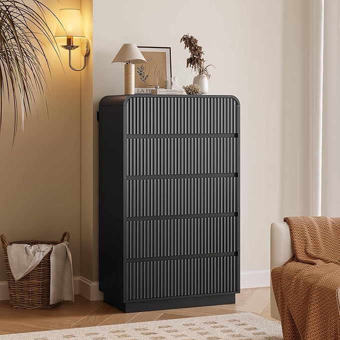 Tall Dresser for Bedroom with 5 Drawers, Fluted Chest of Drawers with Round Curved Corner, Hidden Handles, Modern Wood Storage Organizer for Bedroom, Nursery, Living Room