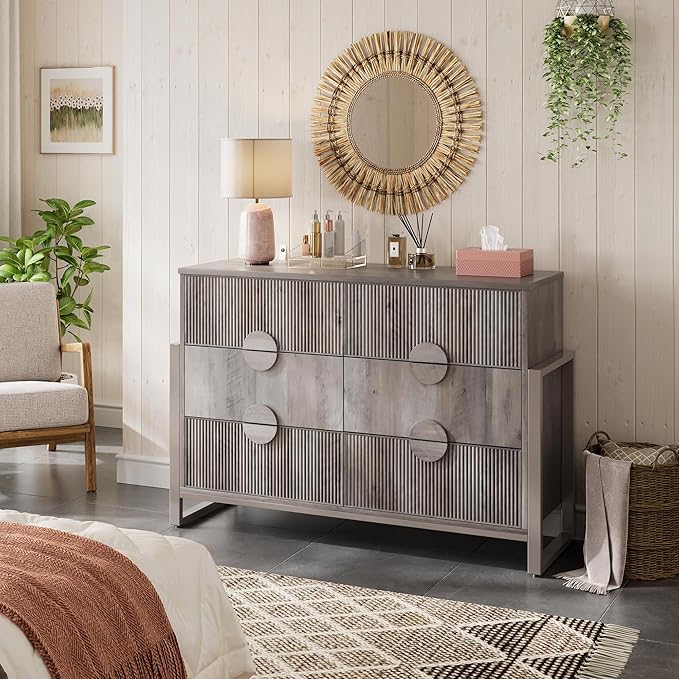 LGHM Fluted Dresser for Bedroom with 6 Drawers, Modern 6 Drawers Dressers with Semicylinder Fluted, Solid Chest of Drawers, 50" W Dresser with Bold Steel Frame, Metal Handles, Gray