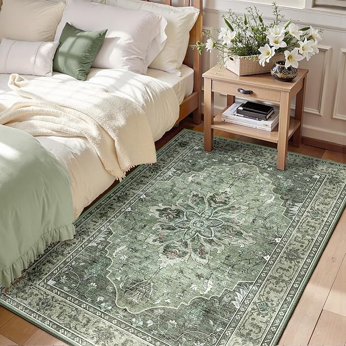 Area Rugs 3'x5' Washable Non-Slip, Floral Vintage Distress Print Pattern Medallion Carpet for Living Room Bedroom Dining Room, Dark Green Gray