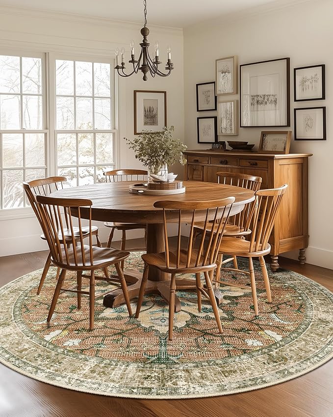 Area Rugs 8ft Washable Non-Slip, Floral Vintage Distress Print Pattern Medallion Carpet for Living Room Bedroom Dining Room, Brick Red Rust Neutral Brown Burnt Orange