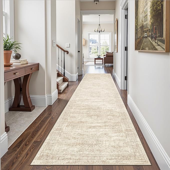 Runner Rug 2'6" x 14' Washable Non-Slip Runner Rugs for Kitchen Bathroom Laundry Room Vintage Ultra Thin Runners for Hallway Entryway Beige