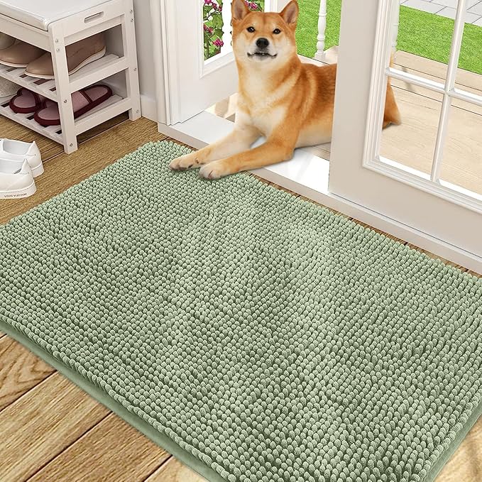 OLANLY Dog Door Mat for Muddy Paws 48x30, Absorbs Moisture and Dirt, Absorbent Non-Slip Washable Doormat, Quick Dry Chenille Mud Mat for Dogs, Entry Indoor Entryway Carpet for Inside Floor, Sage Green