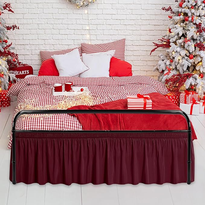 Biscaynebay Wrap Around Bed Skirts with Split Corners for King Beds 14" Drop, Burgundy Elastic Dust Ruffles Adjustable Easy Fit Wrinkle & Fade Resistant Silky Luxurious Fabric Machine Washable