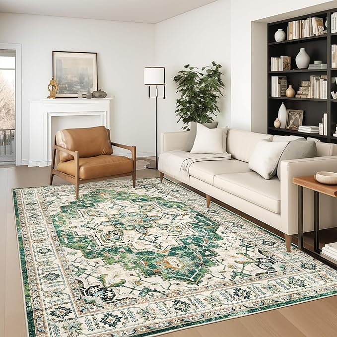zesthome 6x9 Area Rugs, Machine Washable Rugs for Living Room, Bedroom,Stain Resistant Vintage Large Area Rug,Non-Slip Medallion Pattern Home Decor Rugs (Green,6'x9')