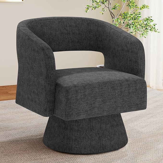 Swivel Accent Chair, Modern Comfy Chenille Barrel Chairs, Oversized Upholstered Round Arm Chair for Living Room, Bedroom, Reading Room, Black, 1 PCS