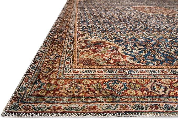 Loloi Layla Collection LAY-09 Cobalt Blue/Spice 5'-0" x 7'-6" .13" Thick Area Rug, Soft, Durable, Vintage Inspired, Distressed, Low Pile, Non-Shedding, Easy Clean, Printed, Living Room Rug