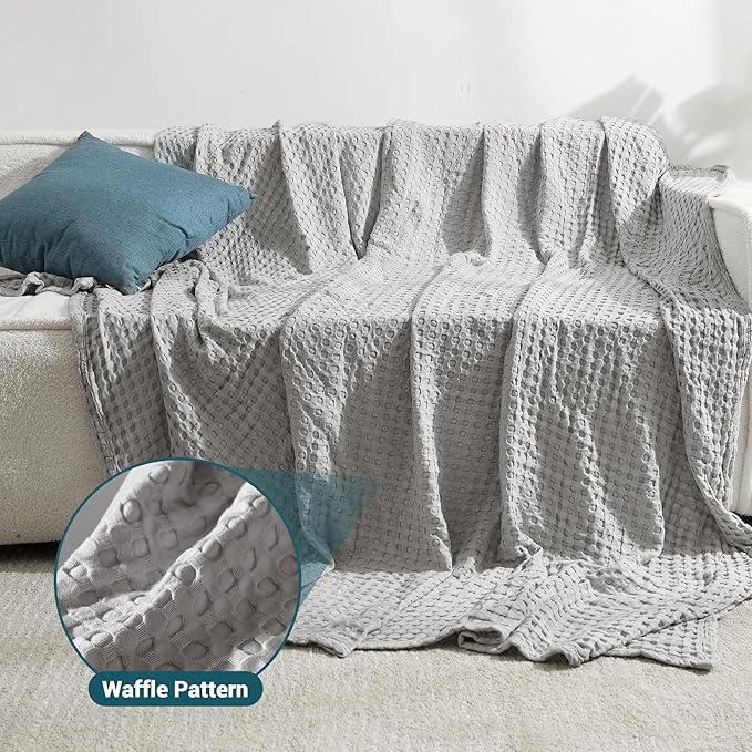 Aganear Waffle Blanket - Lightweight Breathable Summer Blanket of 50% Cotton and 50% Rayon Derived from Bamboo for Hot Sleepers Luxury Throws for Bed, Couch and Sofa,Grey,104x90 Inches