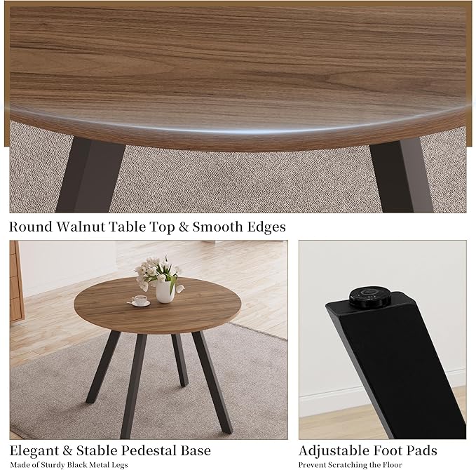 34.6'' Round Dining Table and Chairs for 4 Space Saving for Apartment Kitchen Dining Room (Walnut Table+4 Grey Chairs)