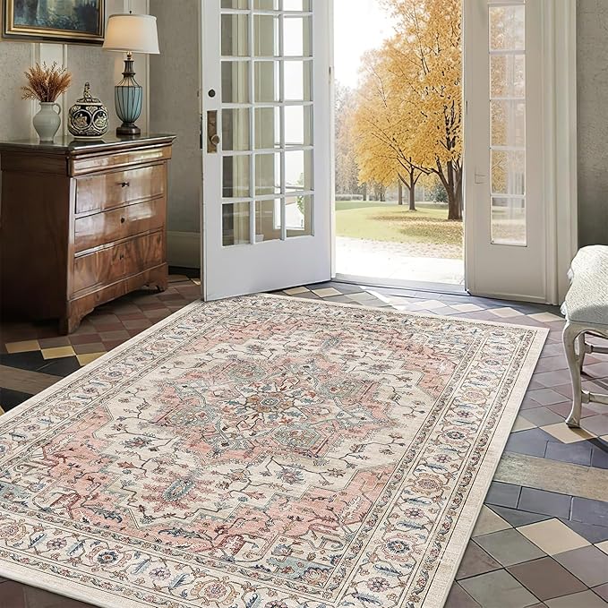4x6 Area Rug for Bedroom Machine Washable Low Pile Vintage Distressed Rugs Stain Resistant Faux Wool Rug Ultra Soft Non-Slip Area Rugs for Living Room, Playroom, Kitchen,Home Office