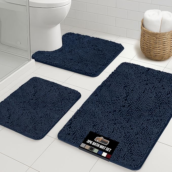 GORILLA GRIP Bathroom Rug Sets 3 Piece, Bath Mat Set and Oval Toilet Base with Rubber Backing, Plush Absorbent Shaggy Chenille Washable Mats, Includes 24x19.5, 24x17 and 30x20 Inch Rugs, Navy