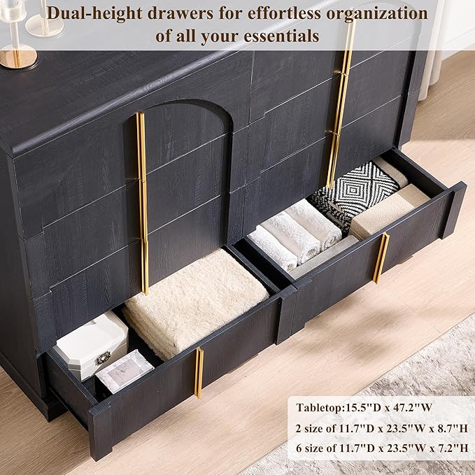 ACCOHOHO Large Dresser for Bedroom with 8 Drawers with Arched Panel,Modern Minimalist Chest of Drawers with Gold Handles,Wood Storage Closet Dressers Tv Stand for Living Room, Hallway,Black