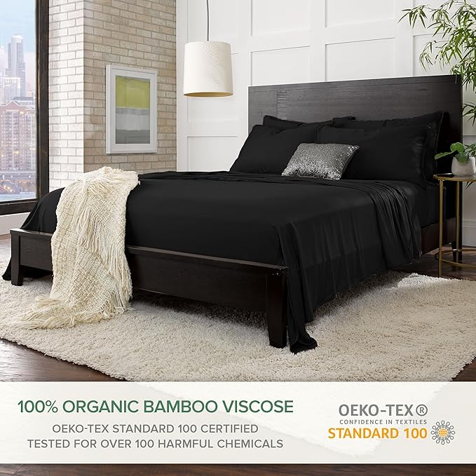 Pure Bamboo Full Sheets, Genuine 100% Organic Viscose Derived from Bamboo Bed Sheet Set, Luxuriously Soft & Cooling, Double Stitching, 2 Year Quality Promise (Full, Black)
