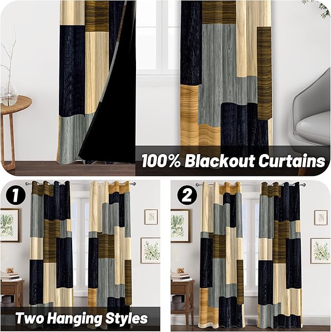 Wood Print Retro 100% Blackout Curtains for Bedroom 84 inch Long 2 Panels Set Modern Abstract Geometric Black Out Curtains Insulated Room Darkening Window Drapes for Living Room, 52Wx84L