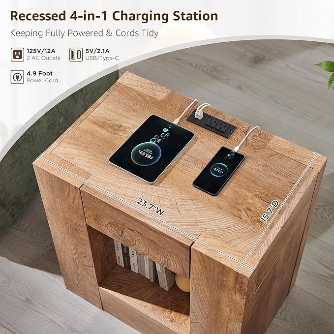OKD 24'' Modern Nightstands Set of 2, Large Wooden End Table with Charging Station & Drawer & Storage Shelf, Rustic Square Bedside Table for Bedroom, Living Room, Wood Thick Design,Light Tree Knot