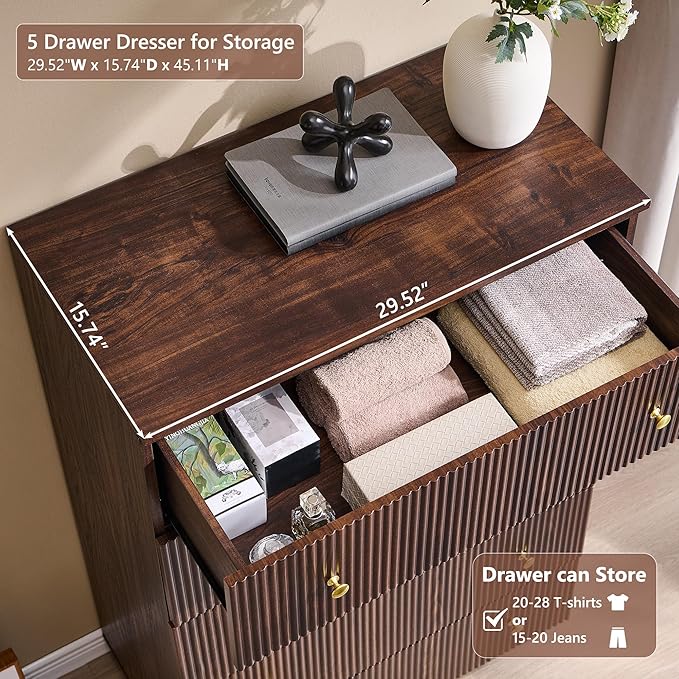Fluted Dresser for Bedroom, 5 Drawer Dressers, Wood Tall Dresser Storage Organizer, Chest of Drawers with Deep Storage, Modern Bedroom Chest for Closet Hallway, Entryway, Living Room,Brown
