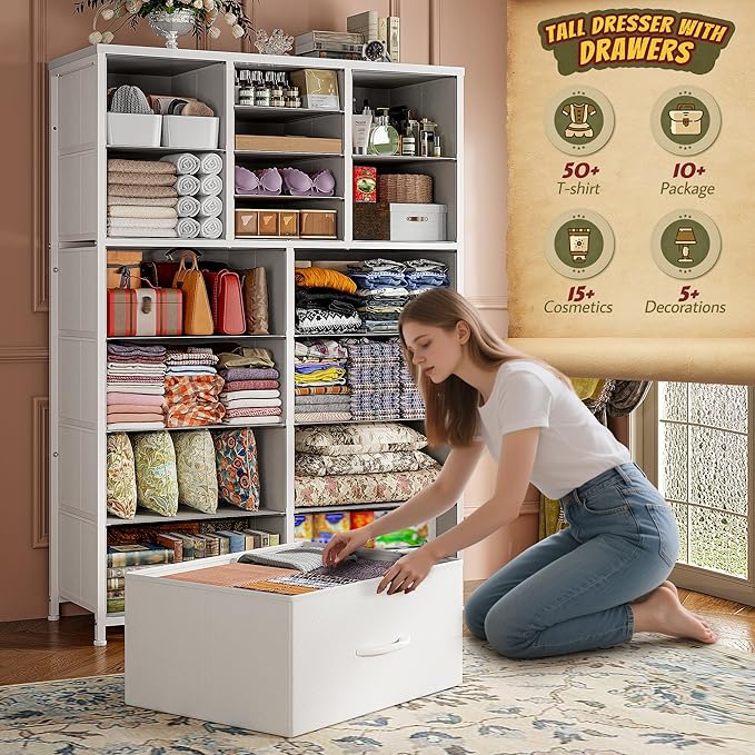 57“H Dresser for Bedroom with Multiple Drawers,Dressers & Chests of Drawers for Bedroom,Large White Dresser, Sturdy Metal Frame & Wood Top,Entryway, Hallway
