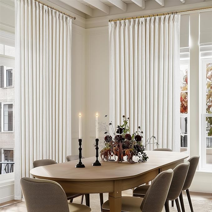 Extra Wide Pinch Pleat Curtains 96 Inches Long for Patio Sliding Glass Door Cream Linen 100 Inch Wide Curtain Memory Trained Pleated Drapes with Hooks Rings Semi Sheer 100x96 Curtain for Large Window