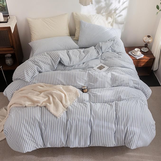FOSSA Striped Duvet Cover Set 100% Washed Cotton Linen Feel Super Soft Breathable Cozy 3 Pieces Bedding Sets Cornflower Blue White Classic Stripes King
