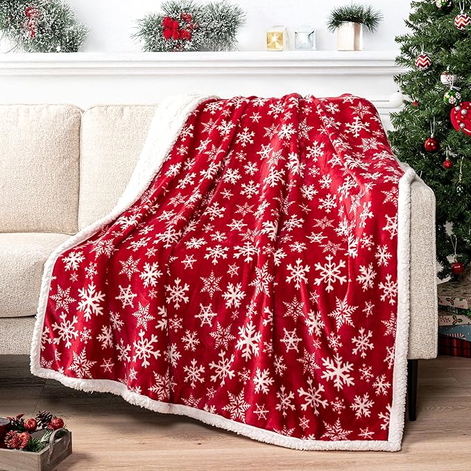PAVILIA Premium Christmas Sherpa Throw Blanket | Red Snowflake Decoration, Fleece, Plush, Warm, Cozy Reversible Microfiber Holiday Blanket 60 x 80 Inches