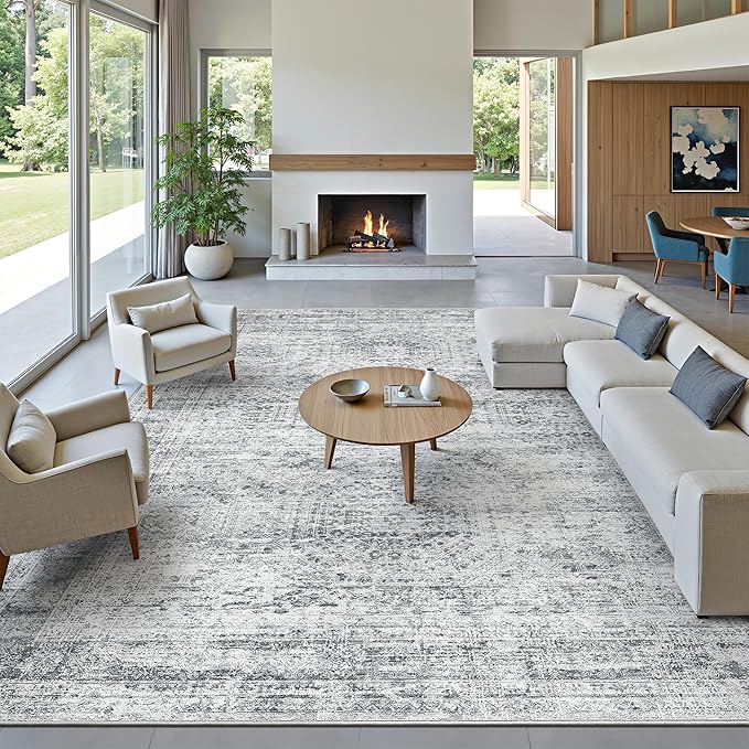 10x14 Area Rugs for Living Room, Non Slip Machine Washable Vintage Rugs, Low Pile Lightweight Large Rug for Bedroom, Dining Room, Home Office Grey