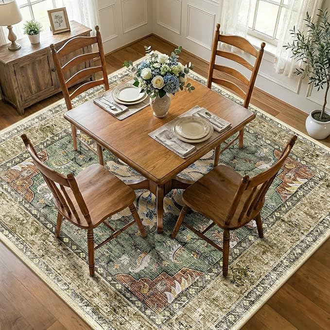 Area Rugs Square 7ft Washable Non-Slip, Floral Vintage Distress Print Pattern Medallion Carpet for Living Room Bedroom Dining Room, Brick Red Rust Neutral Brown Burnt Orange Green