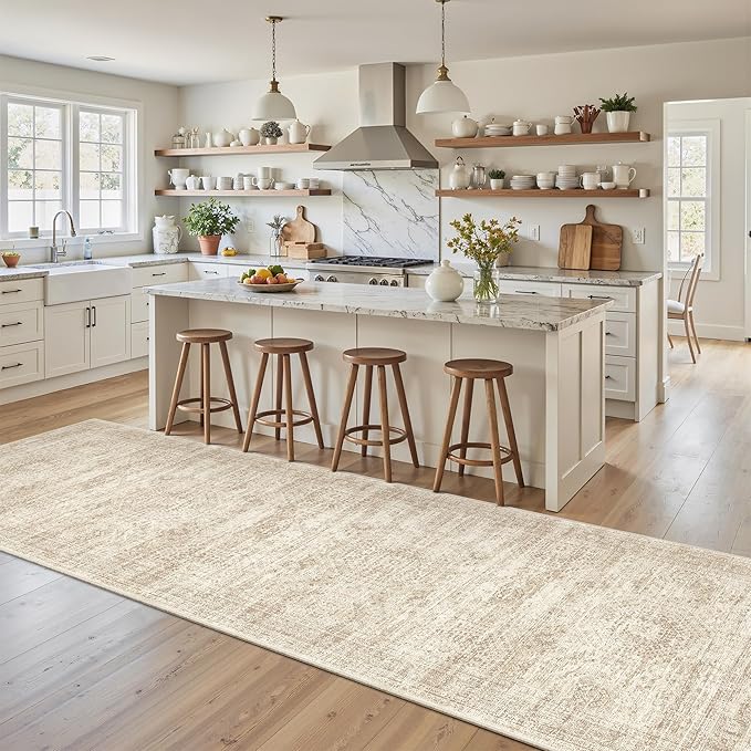 Washable Runner Rug, 2'6" x 8' Non-Slip Kitchen Vintage Foldable Hallway Runners for Entryway, Laundry, Bedroom, Beige