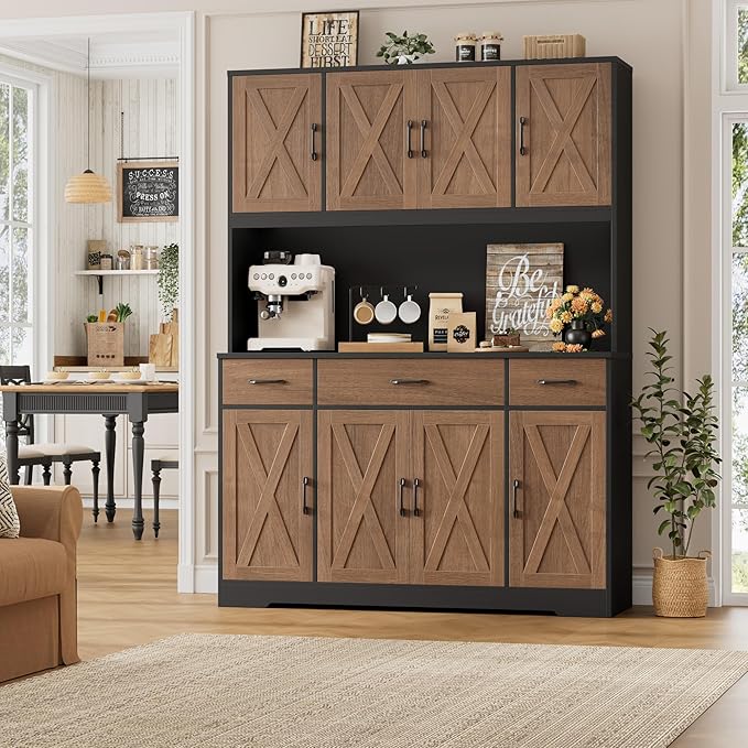 HOSTACK 71" Tall Kitchen Pantry Storage Cabinet with Charging Station, 55" Wide Kitchen Hutch Cabinet with Large Countertop, Farmhouse Food Pantry with Drawers for Living Room (Brown/Black)