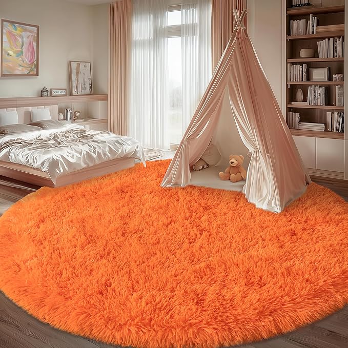 Round Orange Rug for Bedroom, 8 ft Circle Area Rugs for Living Room, Soft Large Fluffy Shag Carpet for Teen Girls Boys Nursery Room Dorm Home Decor Aesthetic