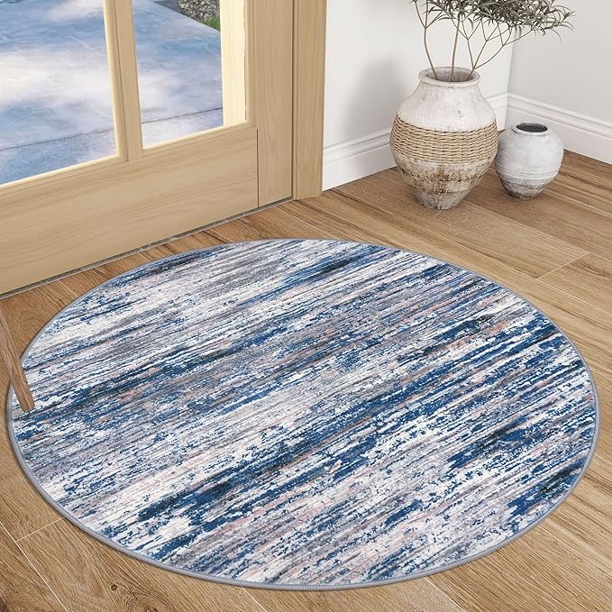 3' Washable Round Rug for Entryway, Navy Blue Gray Neutral Multi Soft Non-Slip Area Rugs Modern Abstract Low-Pile Carpet, Neutral Vintage Circle Rugs for Living Room Dining Bedroom Foyer