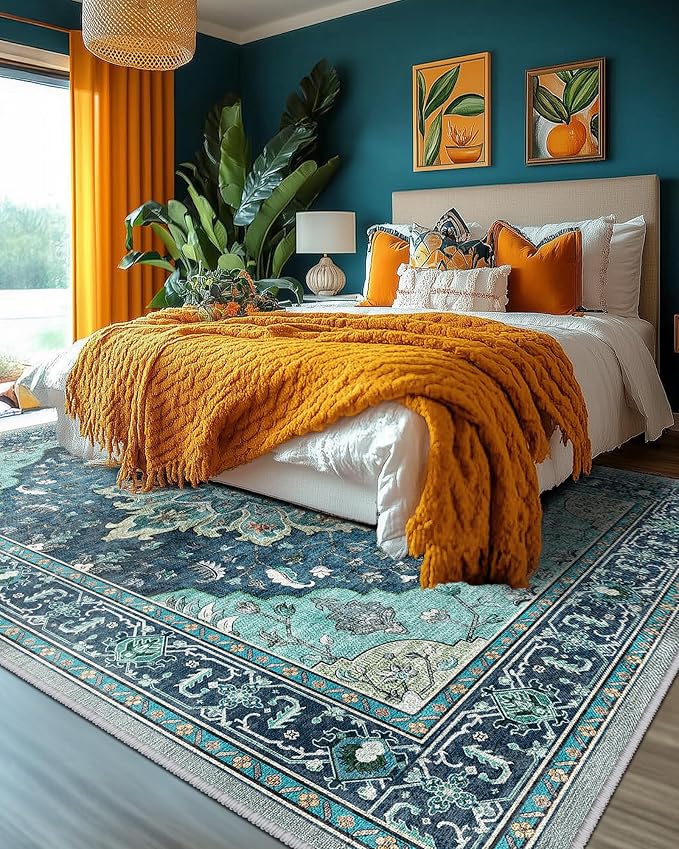 Area Rugs 10'x12' Washable Non-Slip, Floral Vintage Distress Print Pattern Medallion Carpet for Living Room Bedroom Dining Room, Teal Green Lake Blue Turquoise