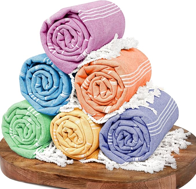 Native Fab 6 Pack Turkish Beach Towels, Oversized 40"x71", 100% Cotton, Thin & Lightweight, Quick-Dry, Sand-Free, Soft, Travel Friendly, Compact, Ideal for Pool, Spa, Gym, Beach - Multi 6 Colors