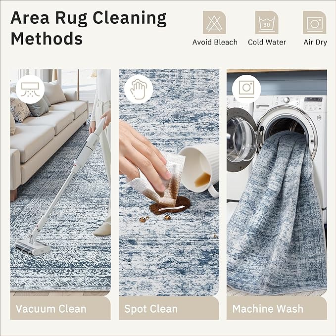 5x7 Area Rugs Blue Low Pile Indoor Washable Trendy Faded Style Rugs for Bedroom Living Room Dining Room Foldable Non-Slip Thin Print Mat