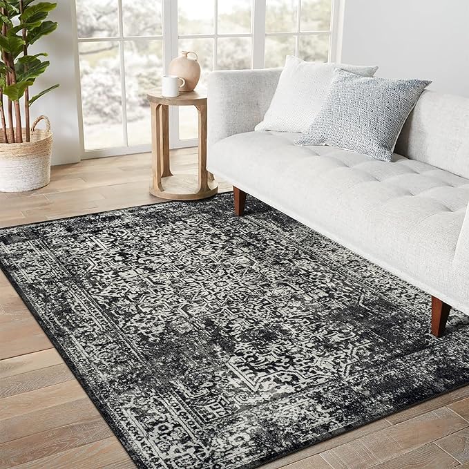 vivorug 5x7 Area Rugs, Stain Resistant Washable Rug for Living Room, Vintage-Inspired Black and White Rug