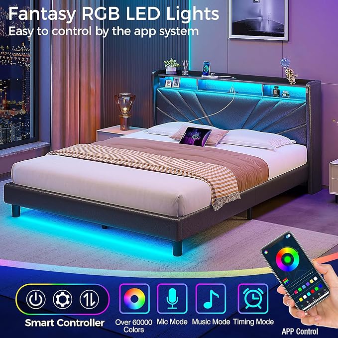 Rolanstar Full Size Bed Frame, Storage Headboard with Charging Station and LED Lights, Upholstered Bed with Heavy Duty Wood Slats, No Box Spring Needed, Noise Free, Easy Assembly, Black