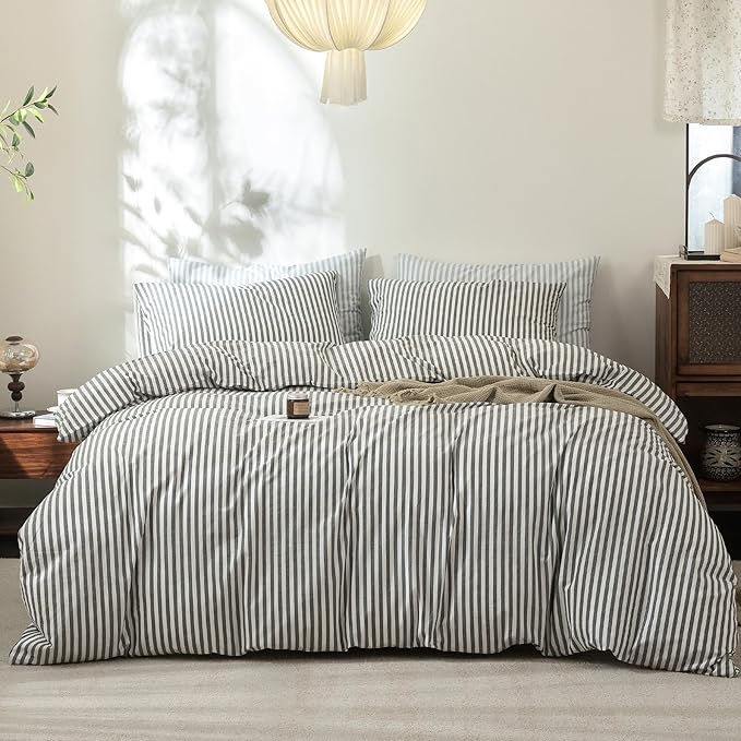 FOSSA Striped Duvet Cover Set 100% Washed Cotton Linen Feel Super Soft Breathable Cozy 3 Pieces Bedding Sets Dark Grey White Classic Stripes King