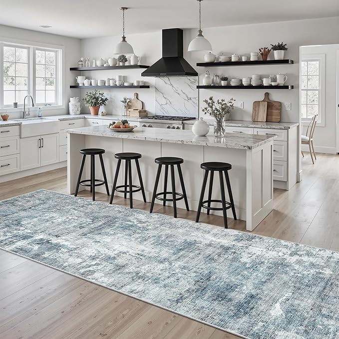 Washable Runner Rug, 2'6" x 8' Non-Slip Kitchen Vintage Foldable Hallway Runners for Entryway, Laundry, Bedroom, Blue