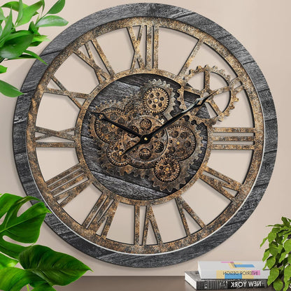 HOIBAI Wall Clock, 24 Inch Moving Gears Clock Large Wall Clock for Living Room Decor Rustic Vintage Industrial Steampunk Farmhouse Big Clock for Home Kitchen Bedroom Office