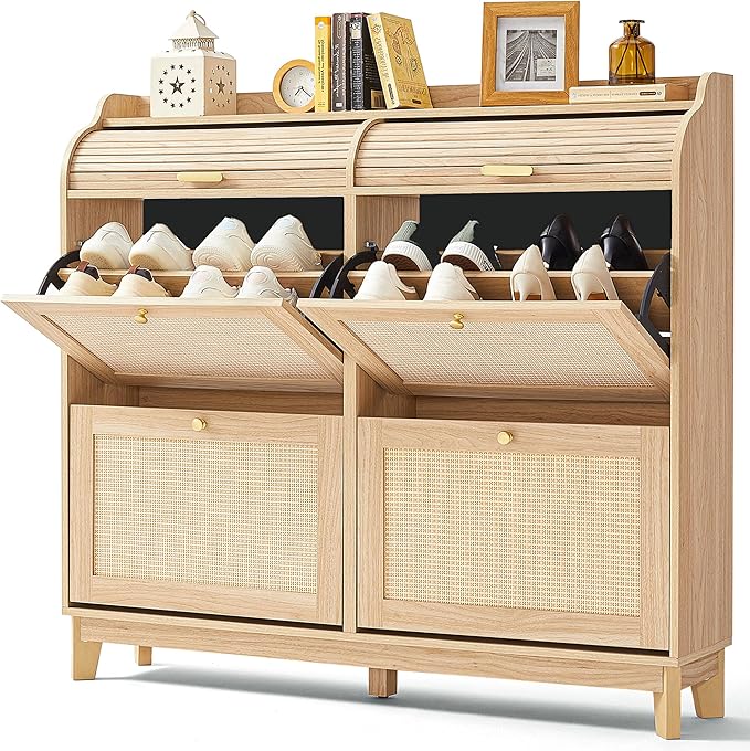 LINSY Shoe Storage Cabinet, Rattan Shoe Cabinet Wood Shoes Rack Cabinets with Sliding Tambour Door, Large Flip Drawer Shoe Cabinet Boho Hidden Shoe Storage for Entryway, Front Door, Hallway, Oak
