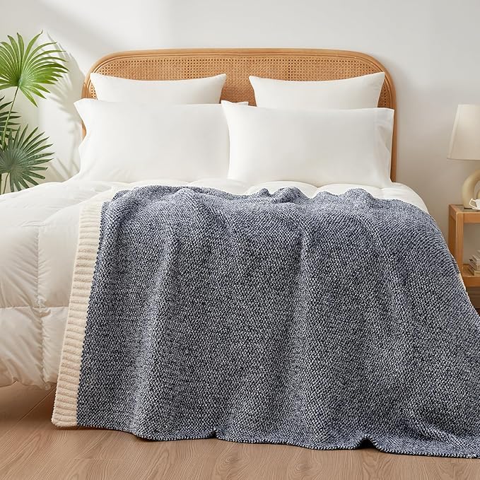 Snuggle Sac Heather Navy Twin Size Blankets, Super Soft Microfiber, Warm Cozy Knit Fuzzy Plush Blankets for Sofa, Bed, Living Room, Navy, 60x80 inches