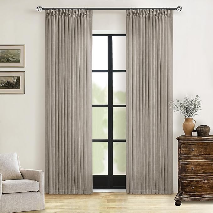 Modern Farmhouse Linen Curtains 80 Inches Long 2 Panels Set for Living Room Bedroom Pinch Pleated Back Tab Thick Drapes Neutral Decor Taupe Semi Sheer 80 Inch Curtains for Dining Room Window Cabin
