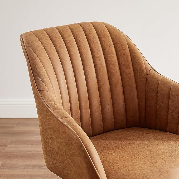 Zouron Mid Century Modern Accent Chair with Black Oak Wood Legs, Upholstered Swivel Chair No Wheels, Side Accent Armchair Vanity Chair for Small Space Home Office Living Room Bedroom, Brown