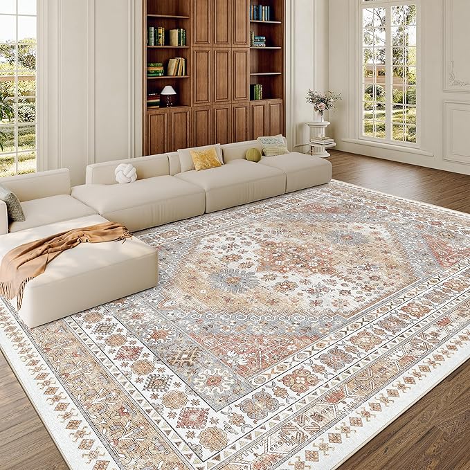 zesthome 8x10 Area Rugs for Living Room,Non-Slip Backing Washable Rugs,Vintage Large Area Rug，Stain Resistant Home Decor Rug (Orange,8'x10')