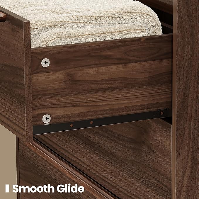 48" Tall Walnut Dresser for Bedroom, Mid-Century Modern 5 Drawer Chest of Drawers with Natural Wood Grain, Slim Vertical Storage Cabinet with Raised Edge Top, Anti-Tip Kit