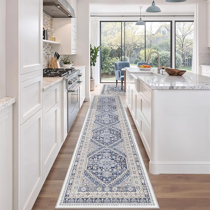 zesthome Washable Runner Rug 2.5x12 - Stain Resistant Entryway Rug,Ultra-Thin Kitchen Rugs, Anti Slip Backing Runner Rugs for Entrance Laundry Room Indoor Hallway (Blue/Beige,2.5'x12')