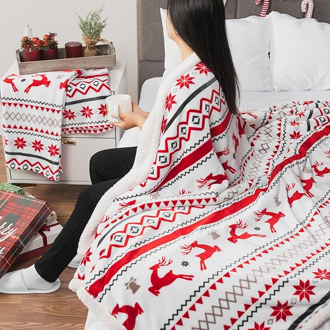 PAVILIA Premium Christmas Sherpa Throw Blanket | Christmas Decoration Gift, Fleece, Plush, Warm, Cozy Reversible Microfiber Holiday Blanket | White Reindeer - 60x80 Twin